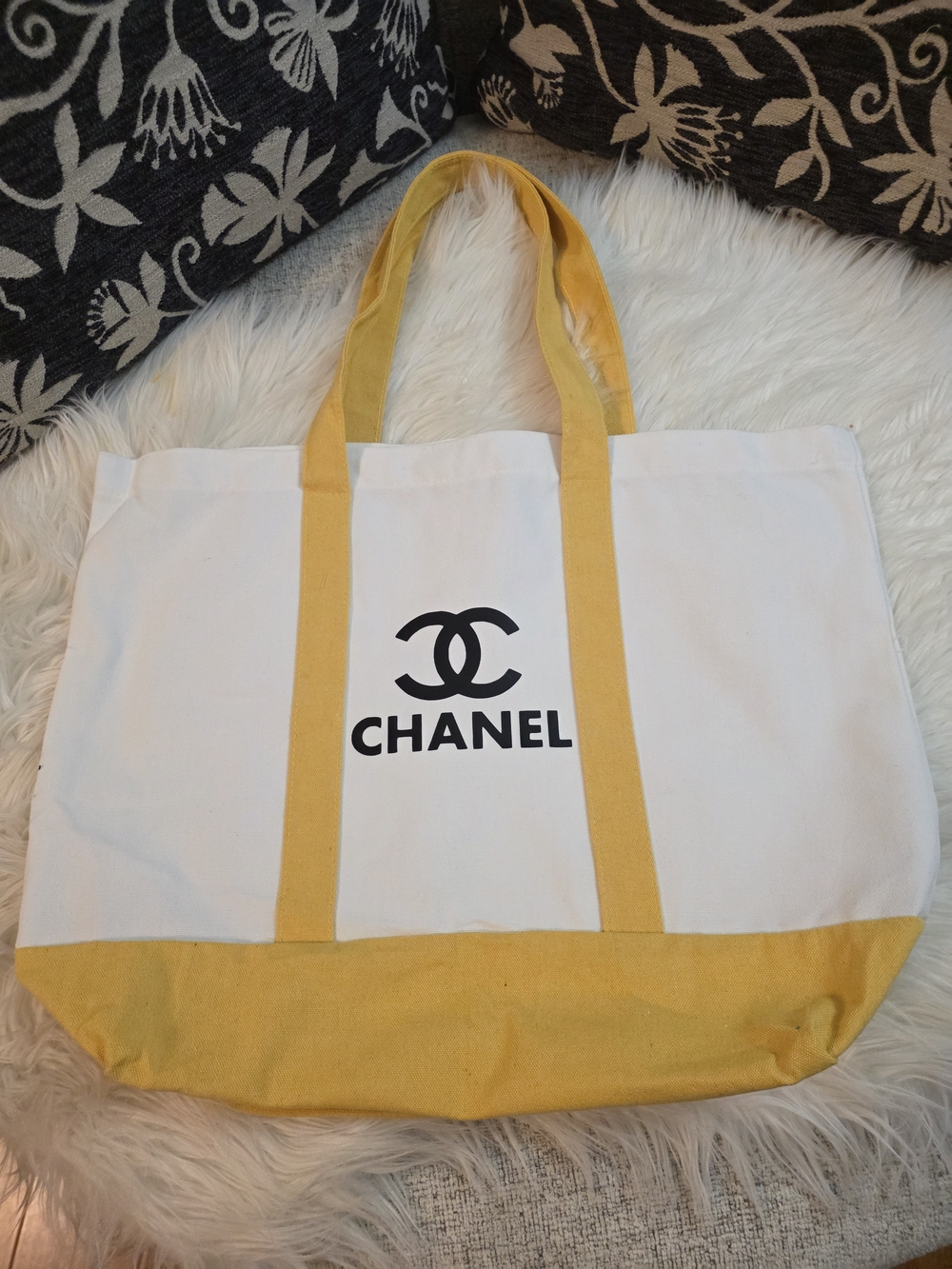 White and Yellow Canvas Tote Bag